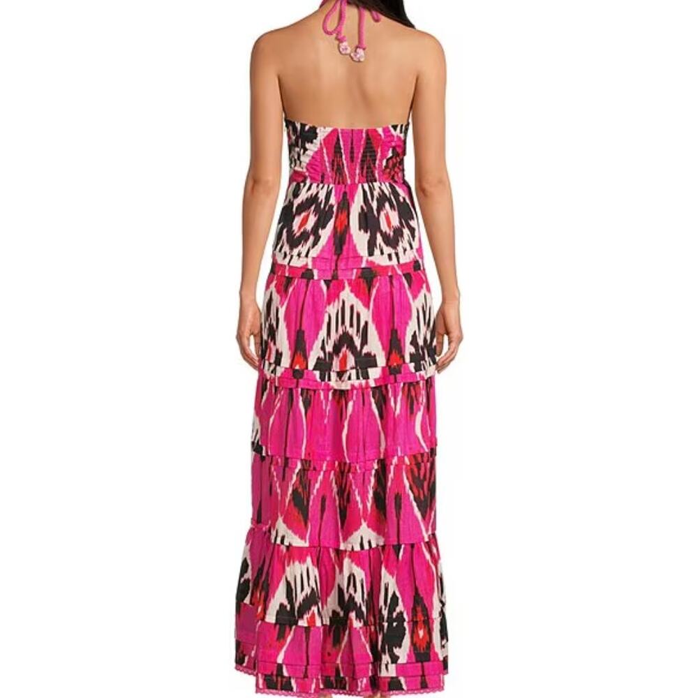 Ro's Garden Denise Halter Tie Gathered Tiered Maxi Dress | Sz XL Pink Black Ikat - Picture 2 of 16